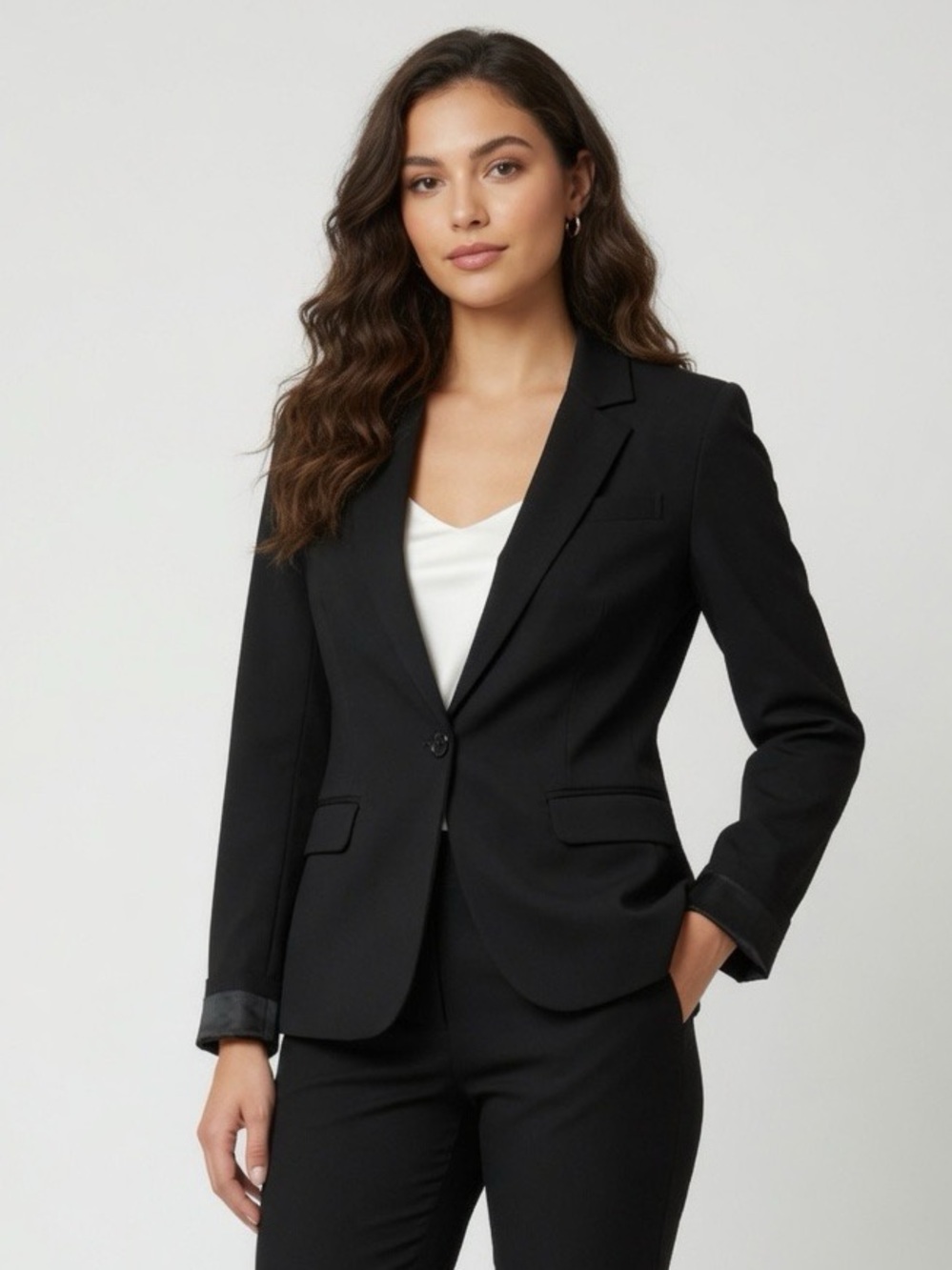 Black Fitted One Button Blazer Power Professional Jacket Button Sleeve Chic Boss - Picture 3 of 17